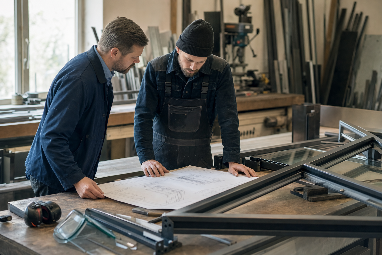 Zwei Fachleute besprechen eine technische Zeichnung für eine tschechische B2B-Fertigungsanfrage