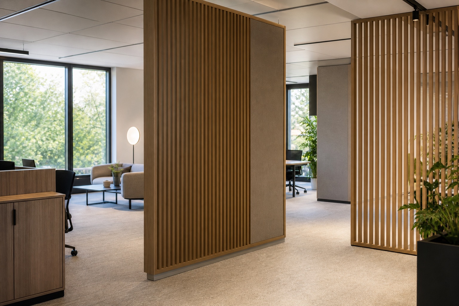 Akustische Trennwand aus Holzlamellen und textilen Paneelen in einem Büro