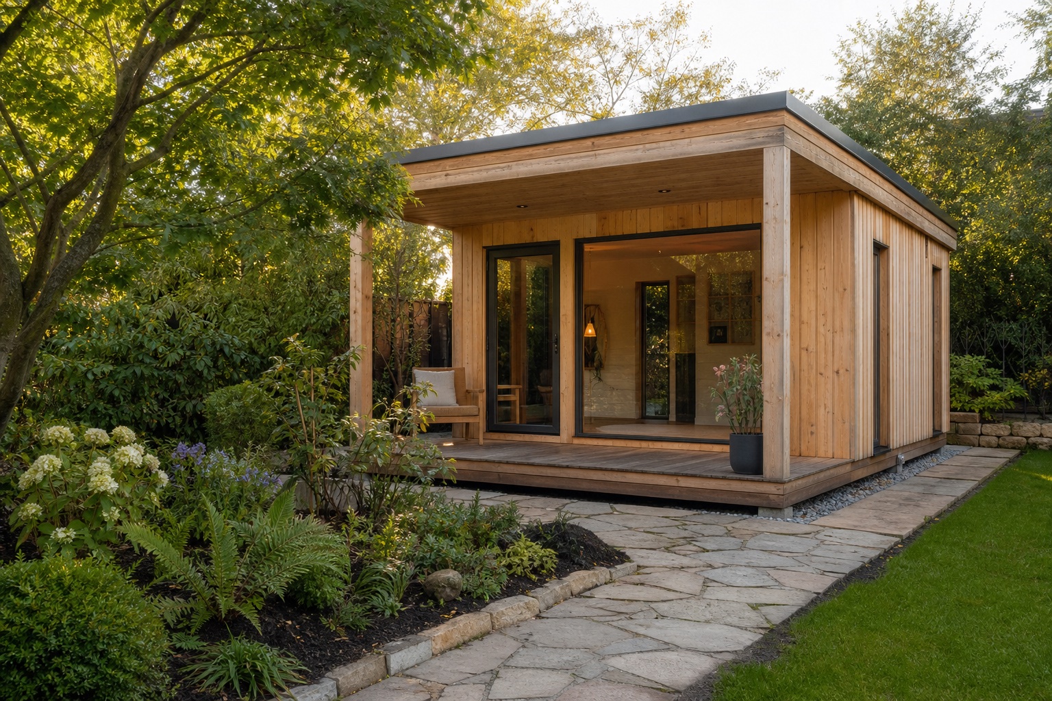 Gedämmtes Gartenstudio aus Holz mit Glasfront und kleiner Terrasse